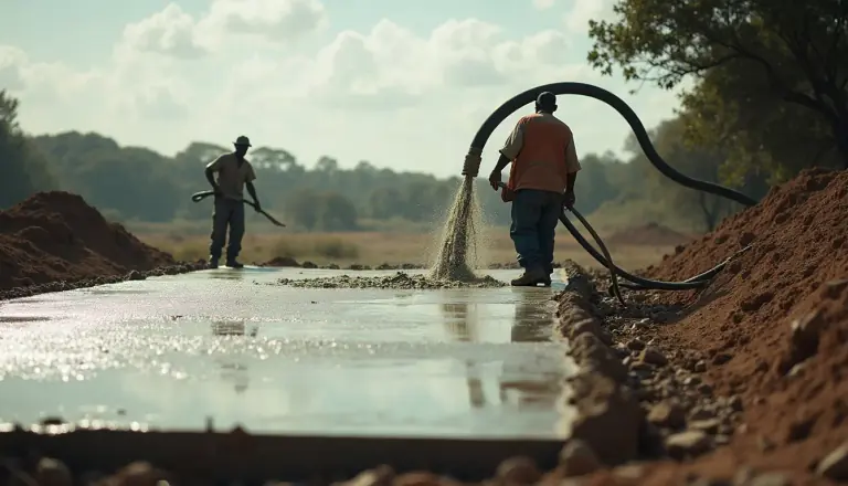 Concretagem de laje, com mangote despejando concreto e equipe regularizando