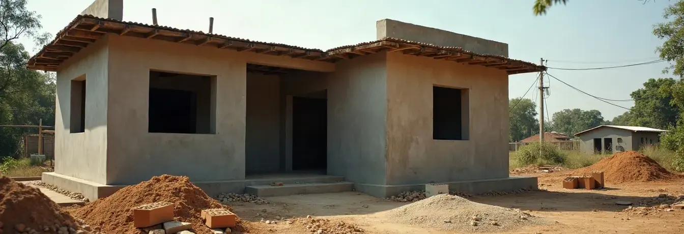 Prédio térreo de creche em construção, com alvenaria de bloco cerâmico e telhado em andamento