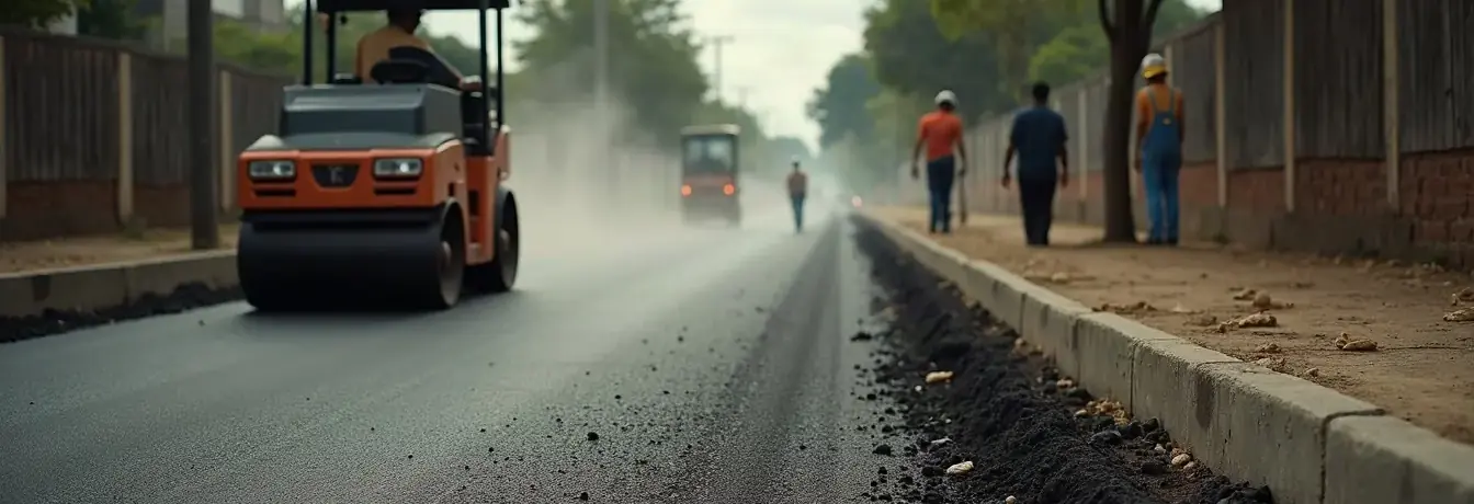 Rua em pavimentação asfáltica, com rolo compactador sobre asfalto novo e meio-fio de concreto
